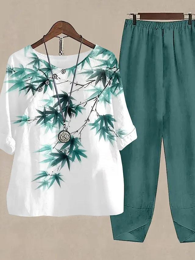 Women's Shirt Pants Sets Army Green Blue Purple Floral Print Half Sleeve Holiday Weekend Basic Round Neck Regular Fit Fall & Winter