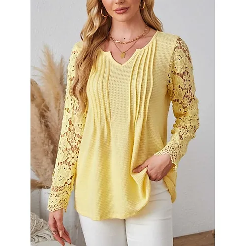 Women's Blouse Textured Ribbed Solid Color Eyelet Daily Elegant Stylish Puff Sleeve Long Sleeve