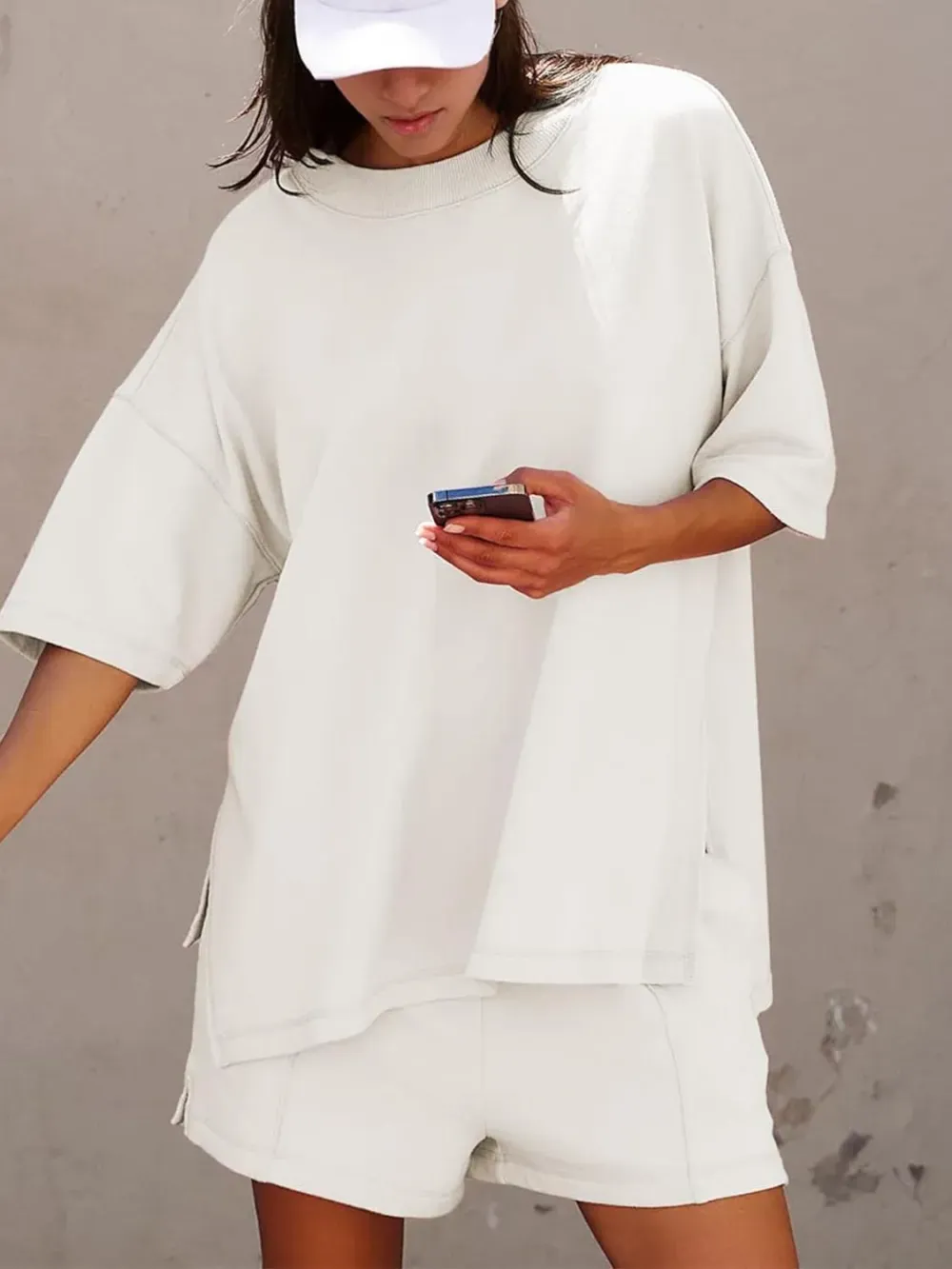 ✨2025 NEW Trendy Casual Solid Color Suit with Slit Top and Shorts