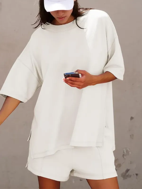 ✨2025 NEW Trendy Casual Solid Color Suit with Slit Top and Shorts