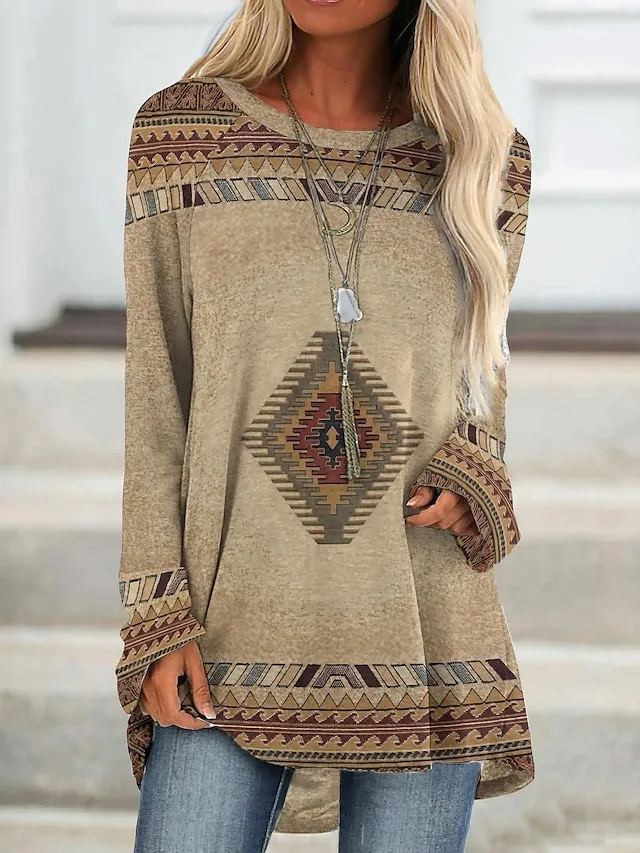 Women's T shirt Tee Burgundy Tee Tunic Shirts Marron Yellow Light Green Geometric Plaid Print Long Sleeve Casual Vintage Tunic Ethnic Round Neck Regular Fit Bohemian Theme Geometric Plus Size Fall