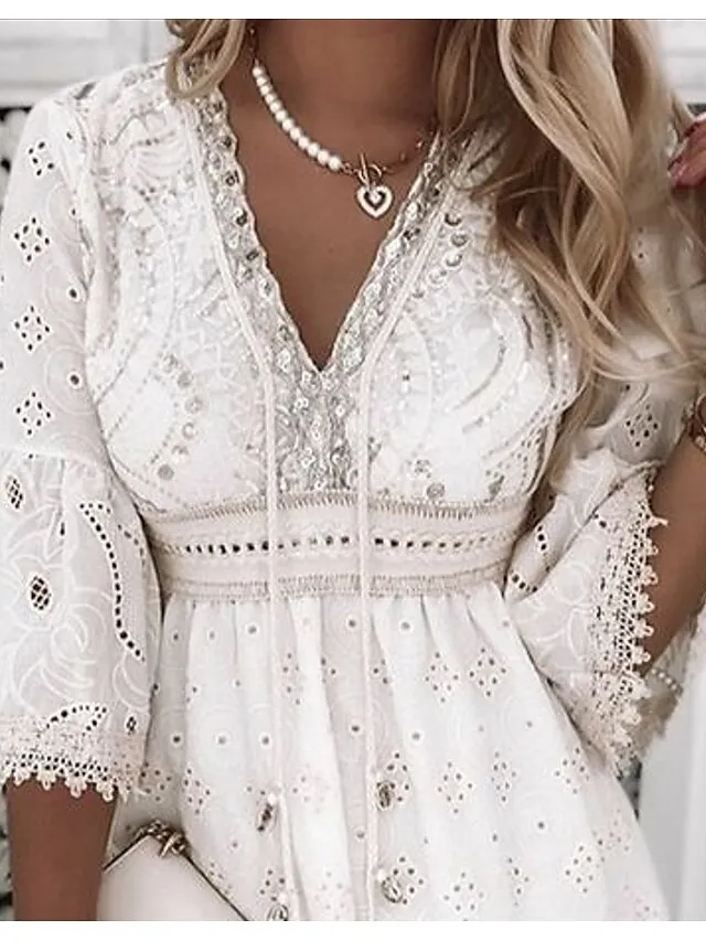 Women‘s Party Dress Casual Dress Lace Dress Mini Dress White Beige 3/4 Length Sleeve Embroidery Ruched Summer Spring Fall V Neck Fashion Wedding Summer Dress Office 2023 S M L XL 2XL 3XL