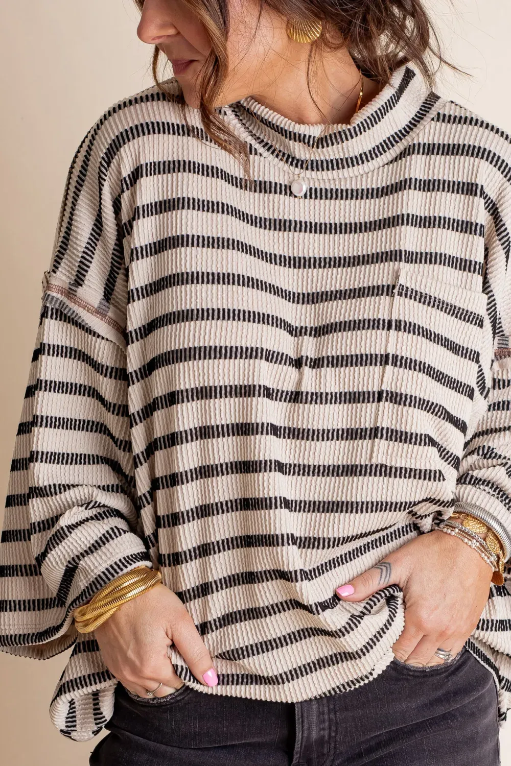 Women's 2025 Spring New Ribbed Striped Crew Neck Pocket Top