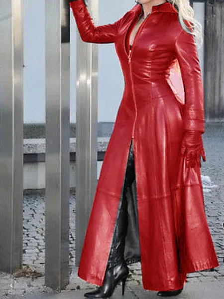 PU Leather Zipper Design Long Sleeve Coat