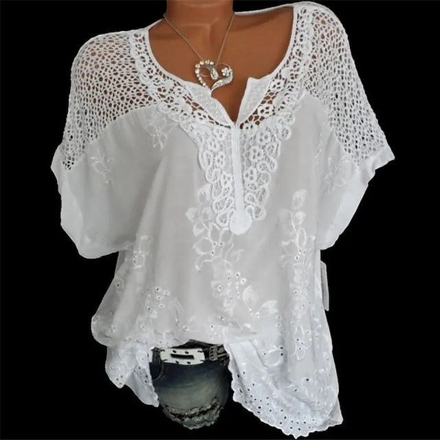 Women's Shirt Lace Shirt Blouse Eyelet top Chiffon Plain Embroidered Daily Going out Weekend Streetwear Basic Casual Short Sleeve V Neck Black Summer Spring
