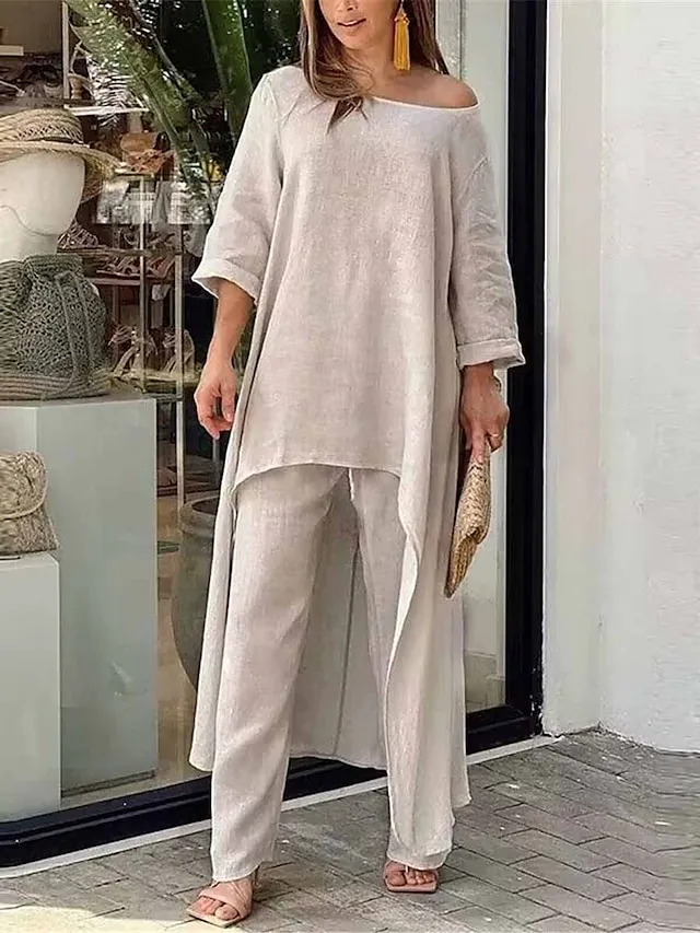 Women's Loungewear Sets Pure Color Fashion Simple Casual Street Date Airport Polyester Breathable Crew Neck Long Sleeve Pant Summer Spring White Yellow