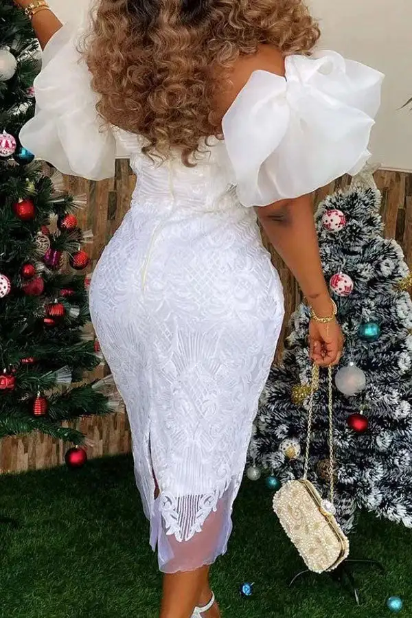 Lace Elegant Puff Sleeve Split Back Midi Dress