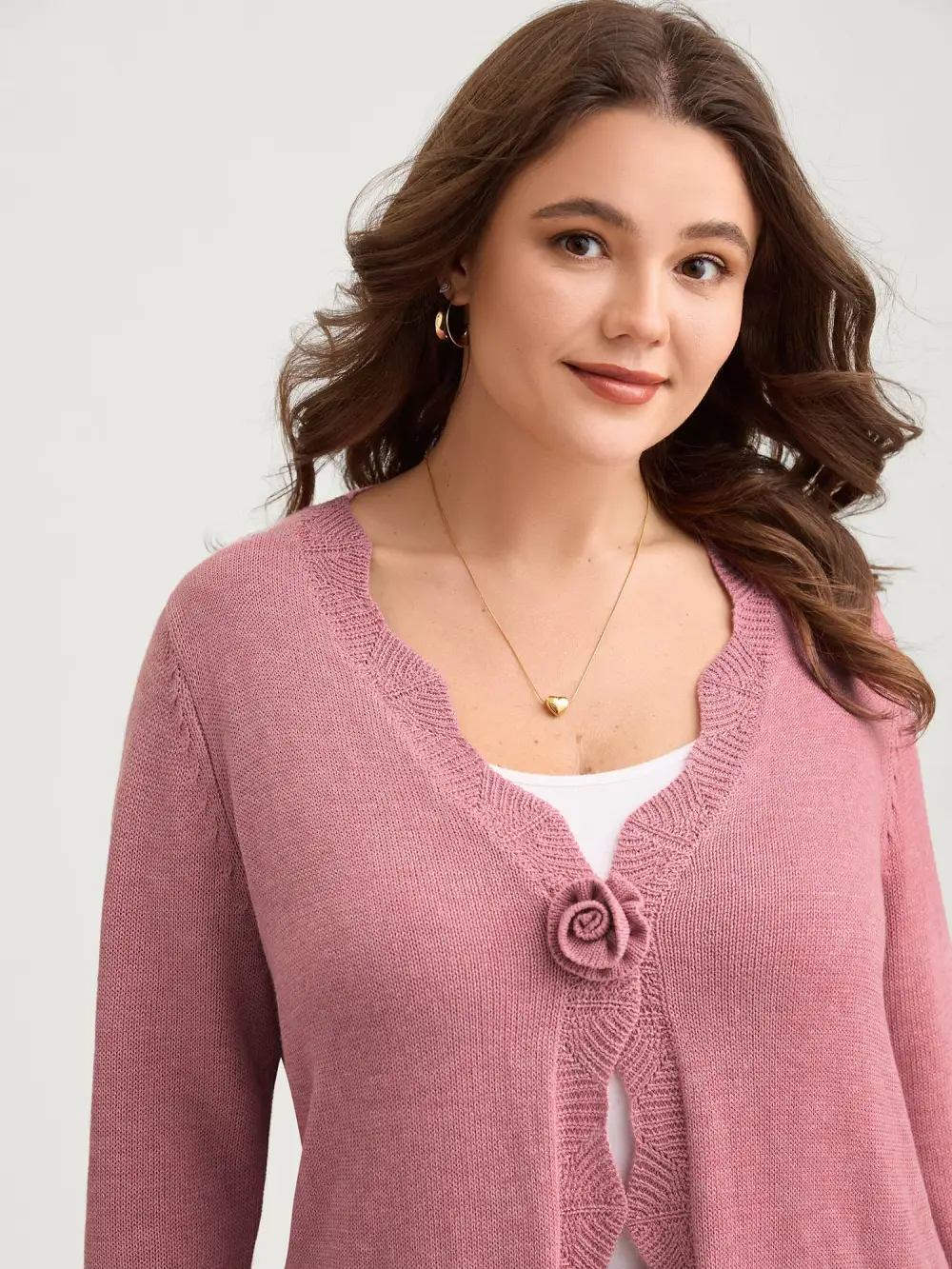 Supersoft Textured Floral Button Ruffled Hem Knit Cardigan