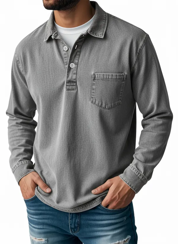 Men's Retro Lapel Button Pocket Casual Long Sleeve POLO Shirt