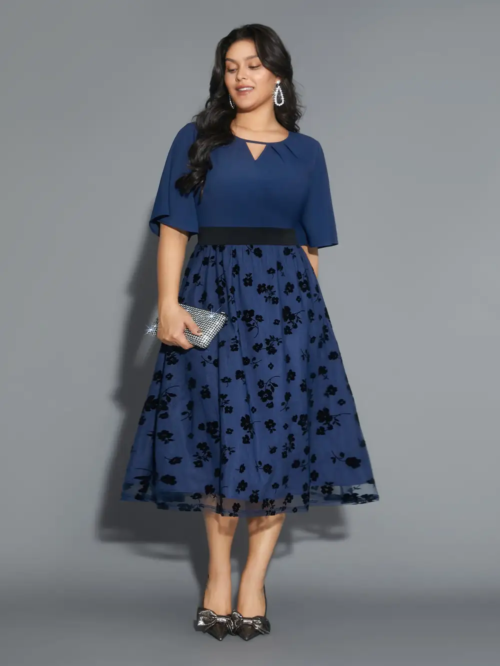 Floral Embroidered Mesh keyhole Dress