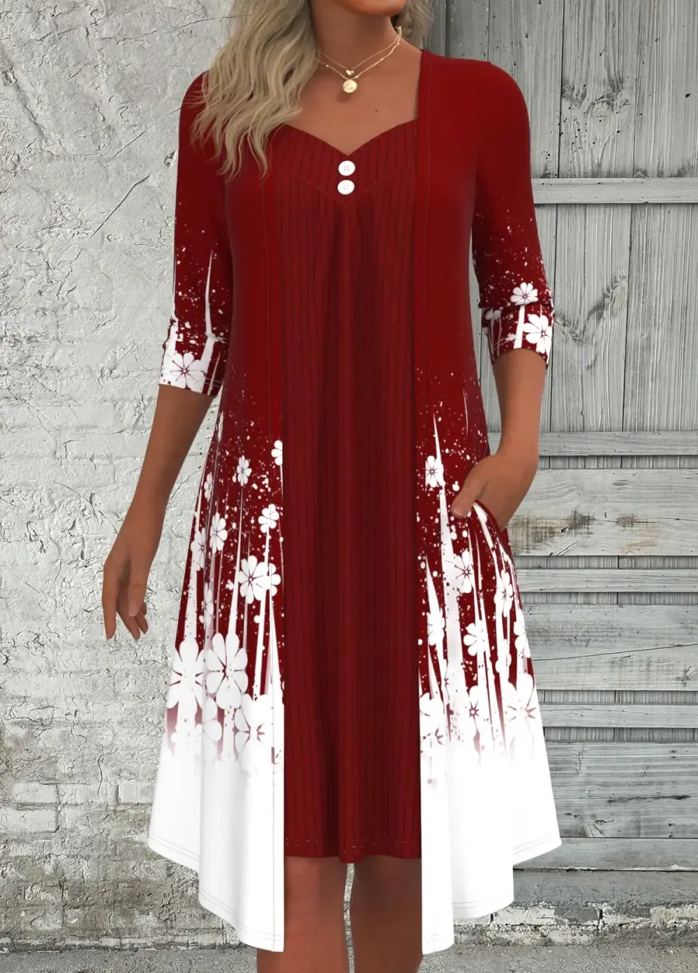 Wine Red Fake 2in1 Floral Print A Line Dress