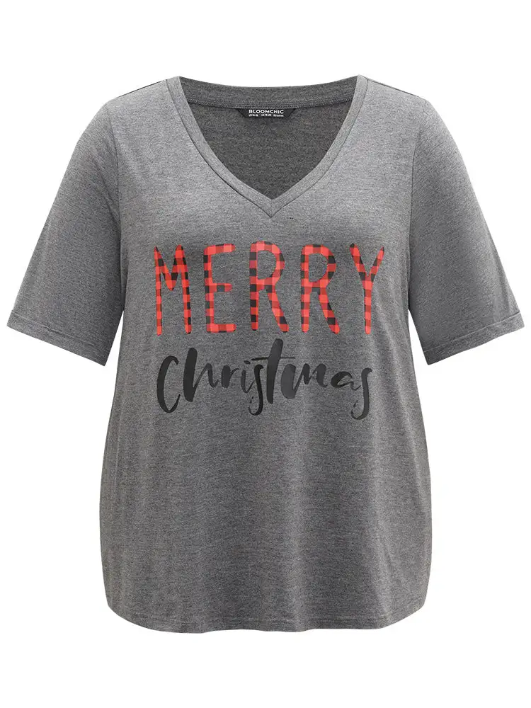 Christmas Gingham Patchwork V Neck T-shirt