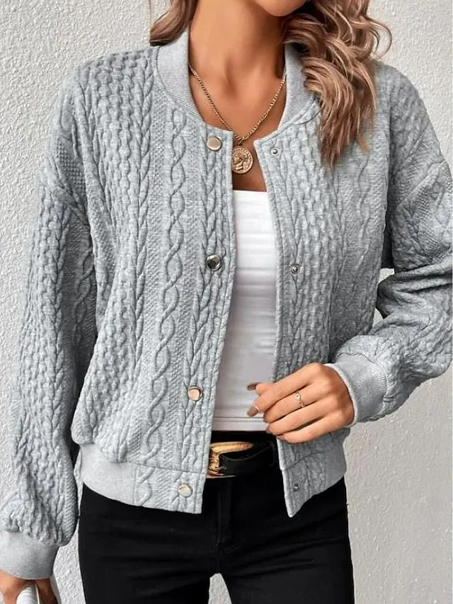 Women's Casual Jacket Dailywear Stand Collar Button Solid Color Warm Fashion Loose Fit Outerwear Long Sleeve