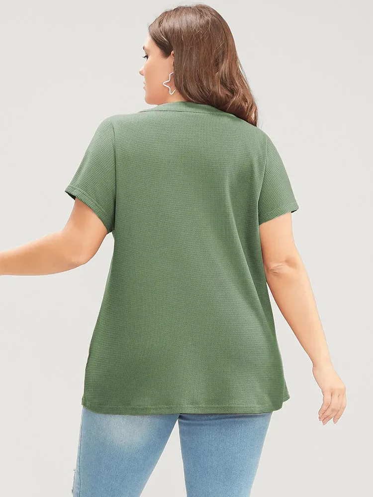 Solid Dolman Sleeve Button Detail Waffle Knit T-shirt