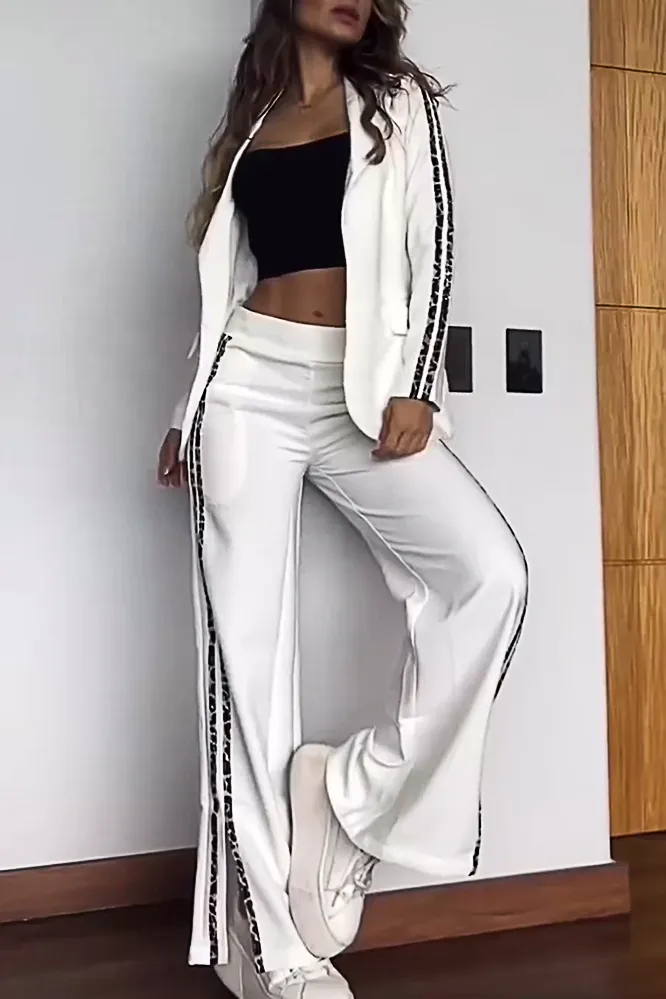 Women's Fashion Contrast Color Suit Jacket & Side Slit Pants