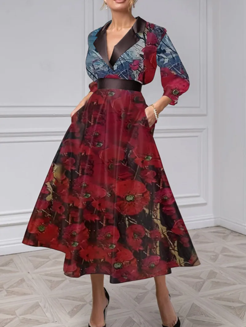 Elegant senior lapel long sleeve shirt skirt long skirt printed dress skirt