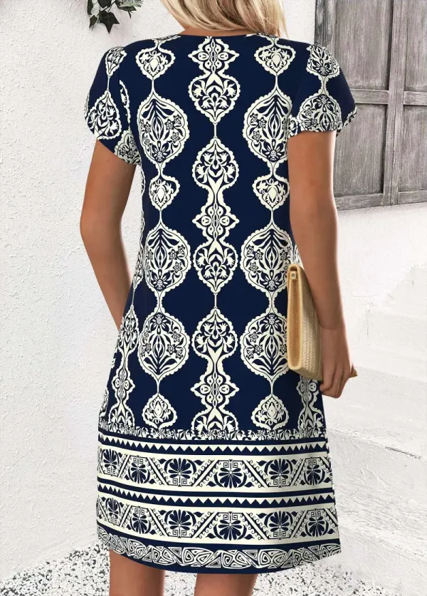 Navy Tribal Print Short Split Neck Dress