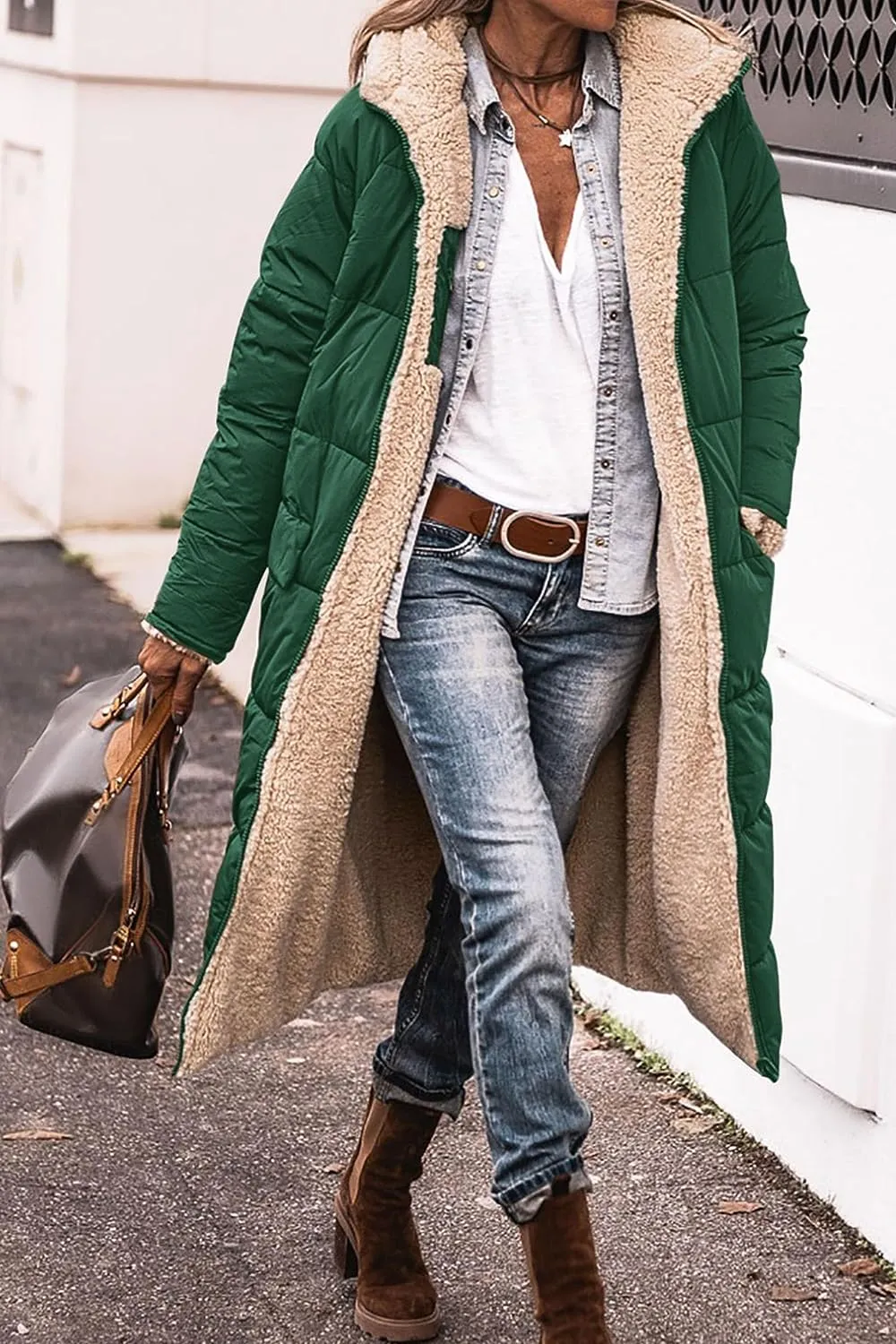 Women's Warm Winter Coats Reversible Sherpa Fleece Long Hooded Puffer Jackets Outerwear