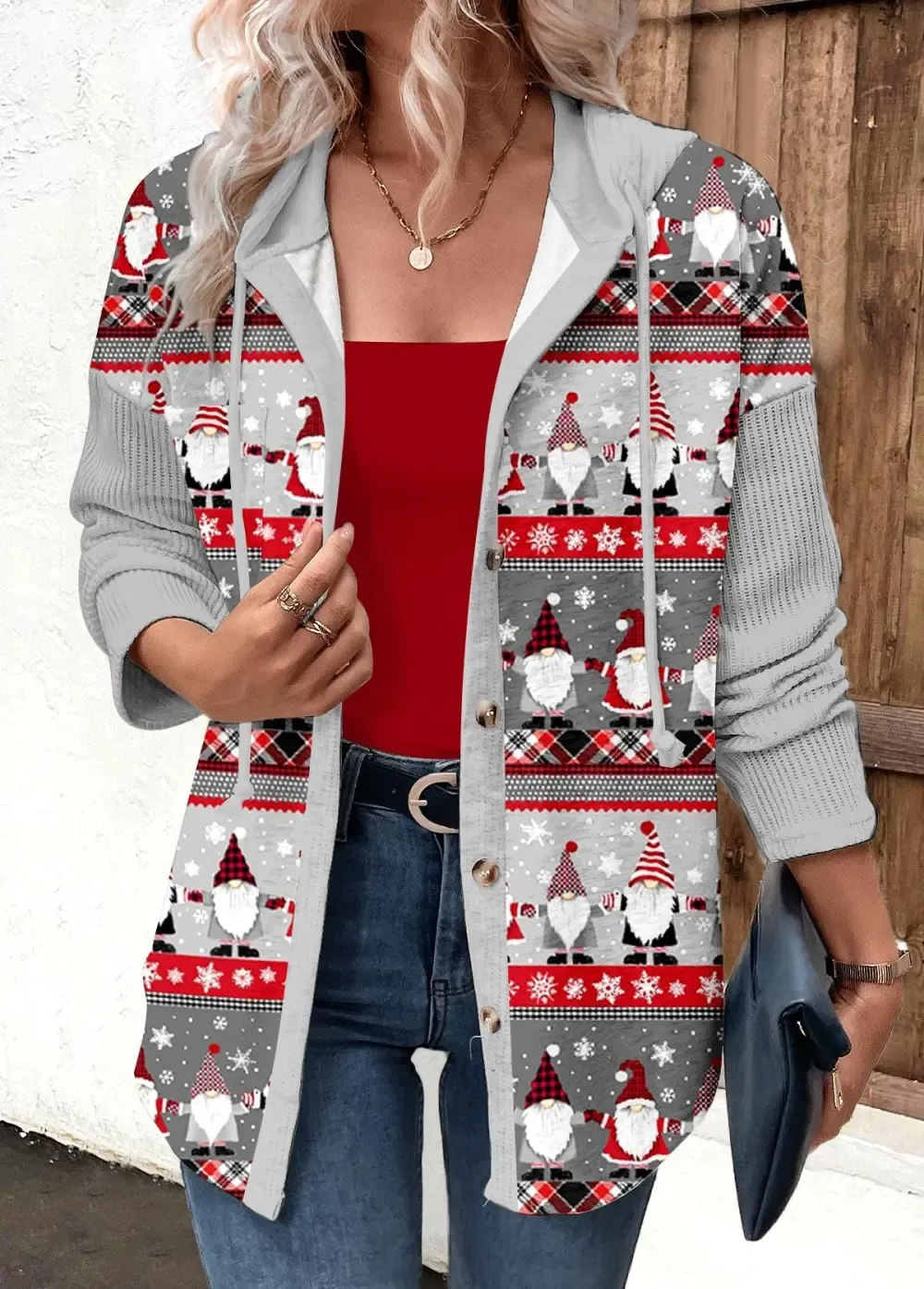 Grey Drawstring Christmas Print Long Sleeve Hoodie