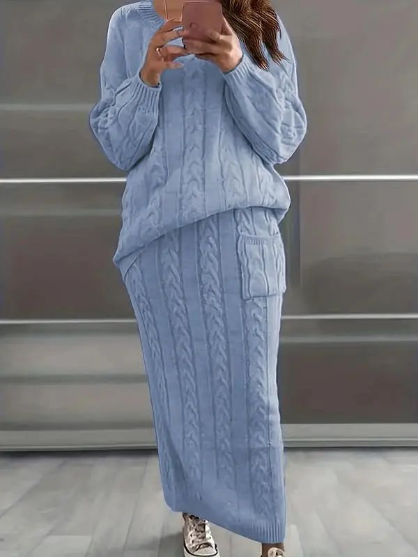 Women's Cable Knit Sweater & Pocket Skirt Set – Casual Long Sleeve Round Neck Jumper & Long Skirt for Fall