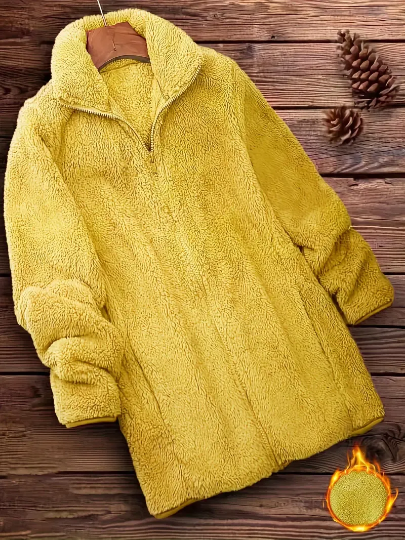 Zip Up Solid Teddy Coat, Casual Long Sleeve Winter Outerwear