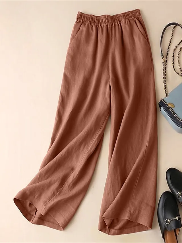 Women's Wide Leg Pants Casual Maillard Chinos Baggy Ankle-Length Cotton And Linen Pocket Micro-elastic High Waist Fashion Streetwear Daily Wear Black White M L Summer  Fall