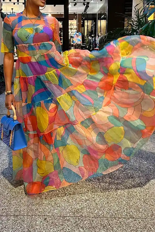 Graphic Print Colorful Tiered Ruffle Maxi Dress