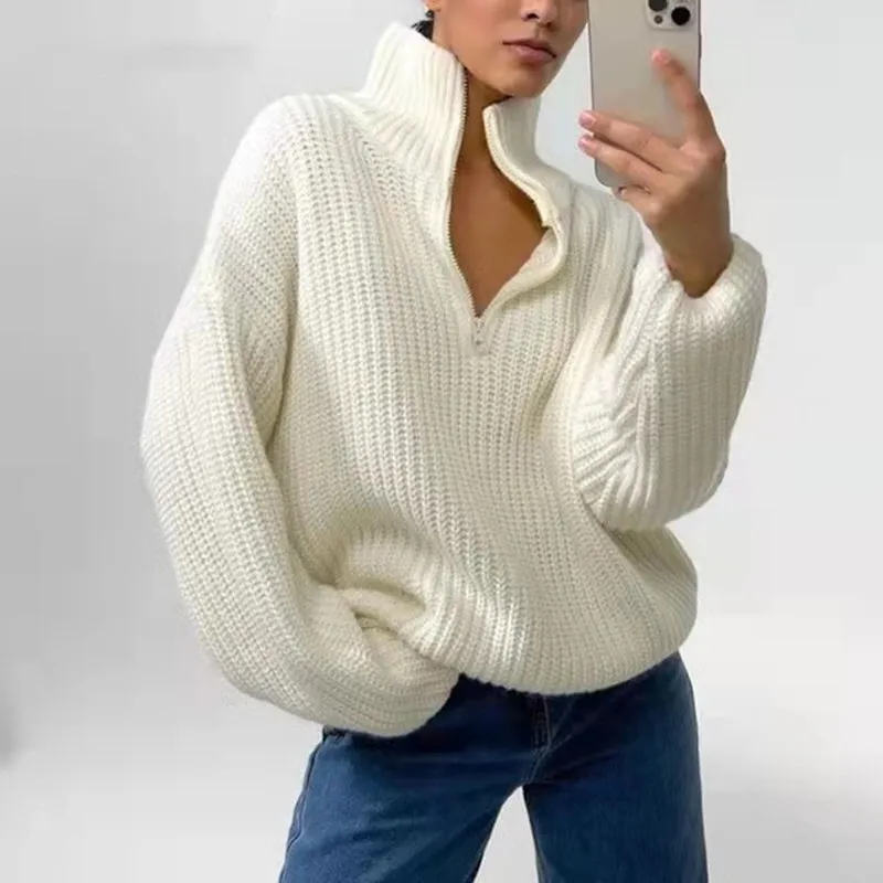 Zipper half turtleneck loose casual sweater
