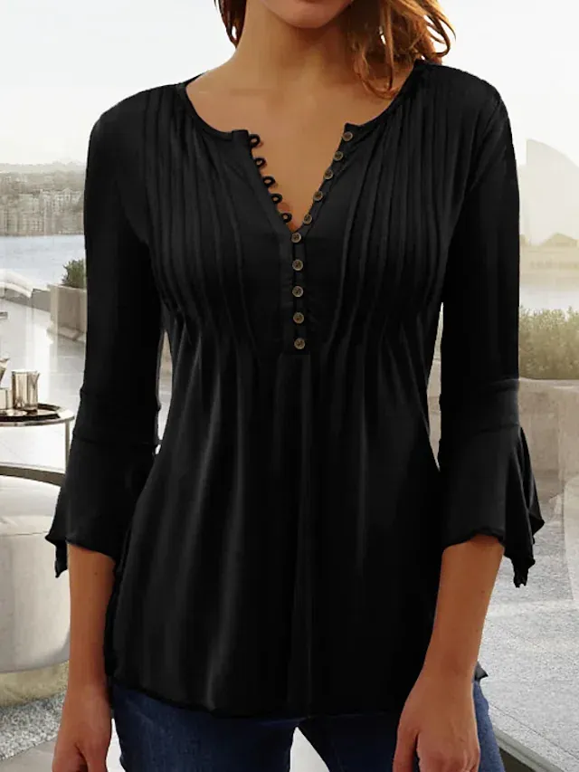 V Neck Buttoned Basic Casual Plain Ruched Tunic Top