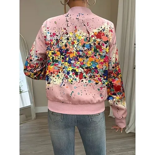 Women's Casual Jacket Comfortable Zipper Fashion Daily Modern Floral School Outdoor Vacation Home Regular Baseball Collar Regular Fit Long Sleeve Outerwear White Spring Fall