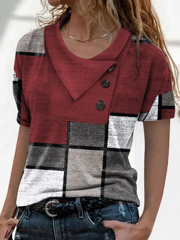 Women's T-Shirts Cross Neck Button Print Short Sleeve T-Shirt（⚡Clearance Sale）