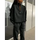 Women's Fashion Streetwear Pants Sets Bolero Top Long Sleeve V Neck Solid Color Outdoor Work Casual Black Pink Red Fall Loose Fit