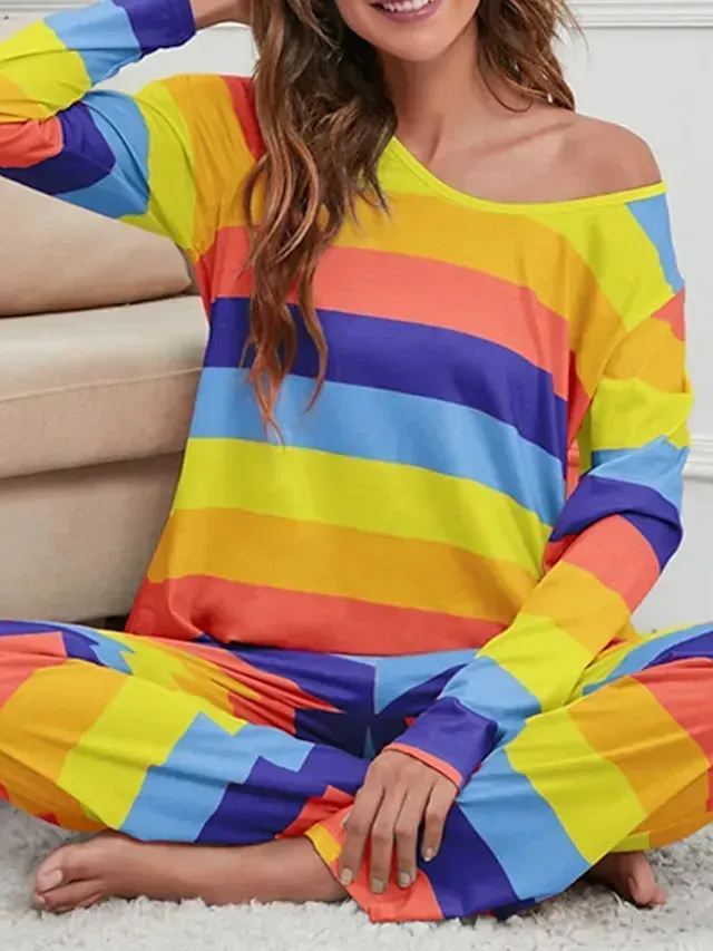 Women's Plus Size Pajamas Sets Nighty Pjs 2 Pieces Rainbow Stripe Fashion Comfort Soft Home Daily Bed Cotton Breathable V Wire Long Sleeve T shirt Tee Pant Fall Spring Blue Yellow