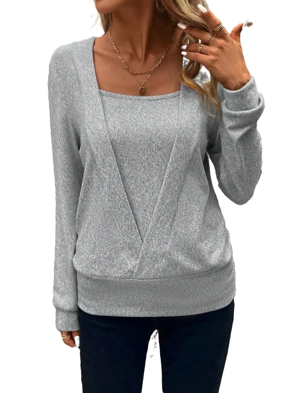 Casual Solid Pullovers Square Neck Light Grey Women Sweatshirts