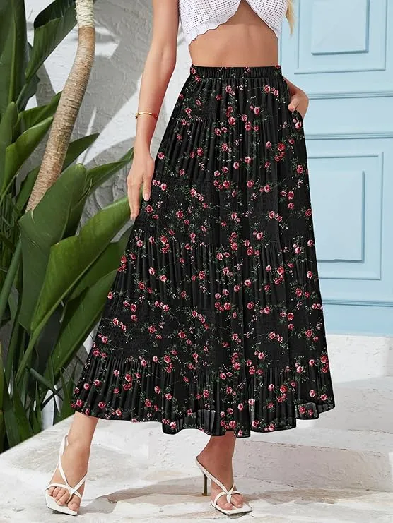 Women's High-Waisted Boho Chiffon Maxi Skirt with Pockets