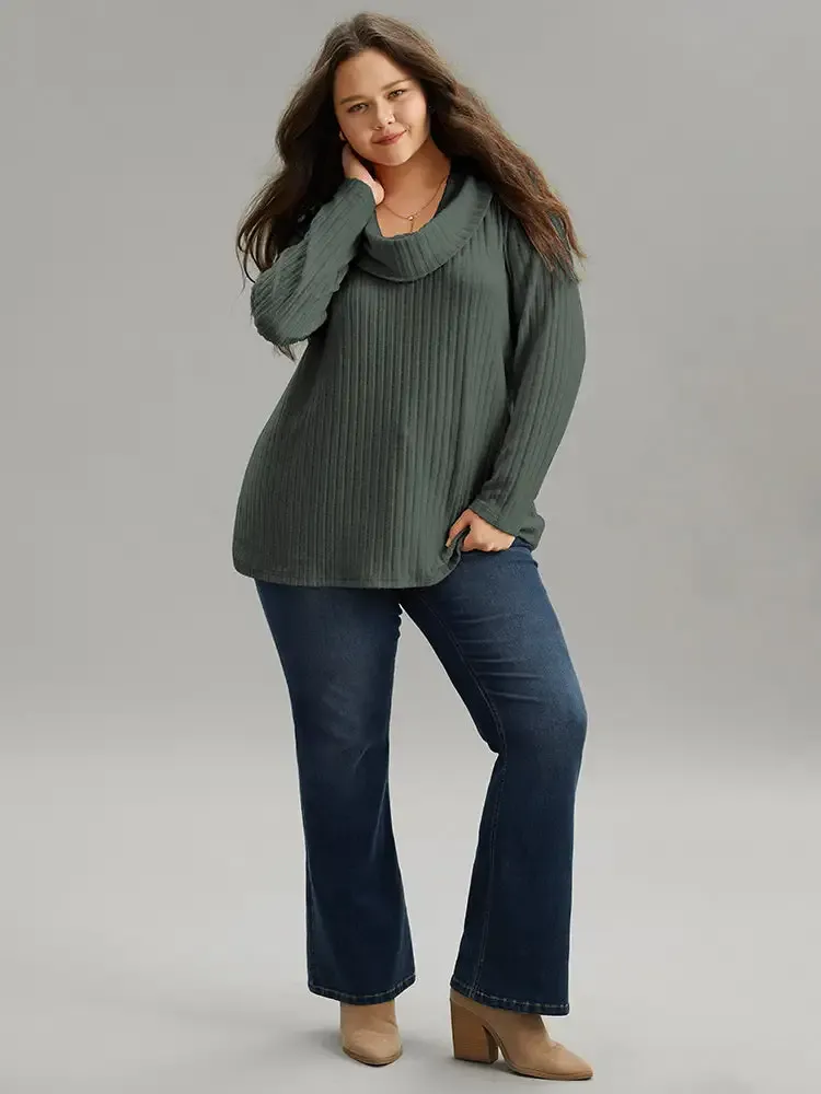 Plain Rib Knit Cowl Neck T-Shirt