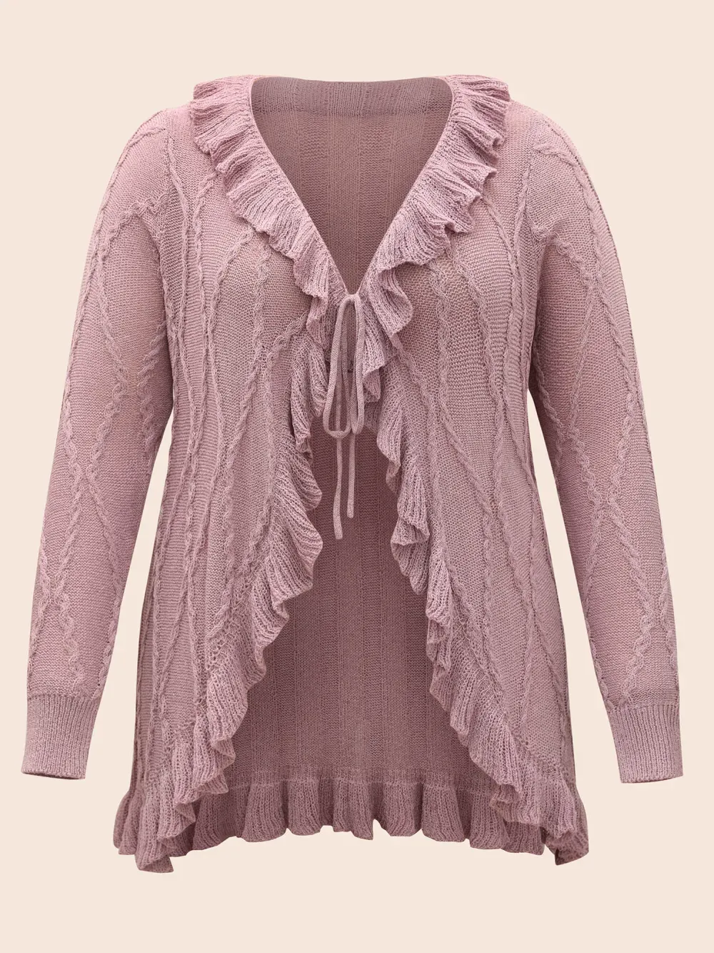Ruffle Trim Ties Cable Knit Cardigan