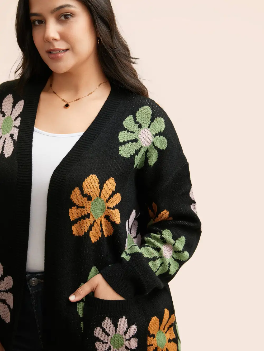 Contrast Floral Patch Pocket Cardigan