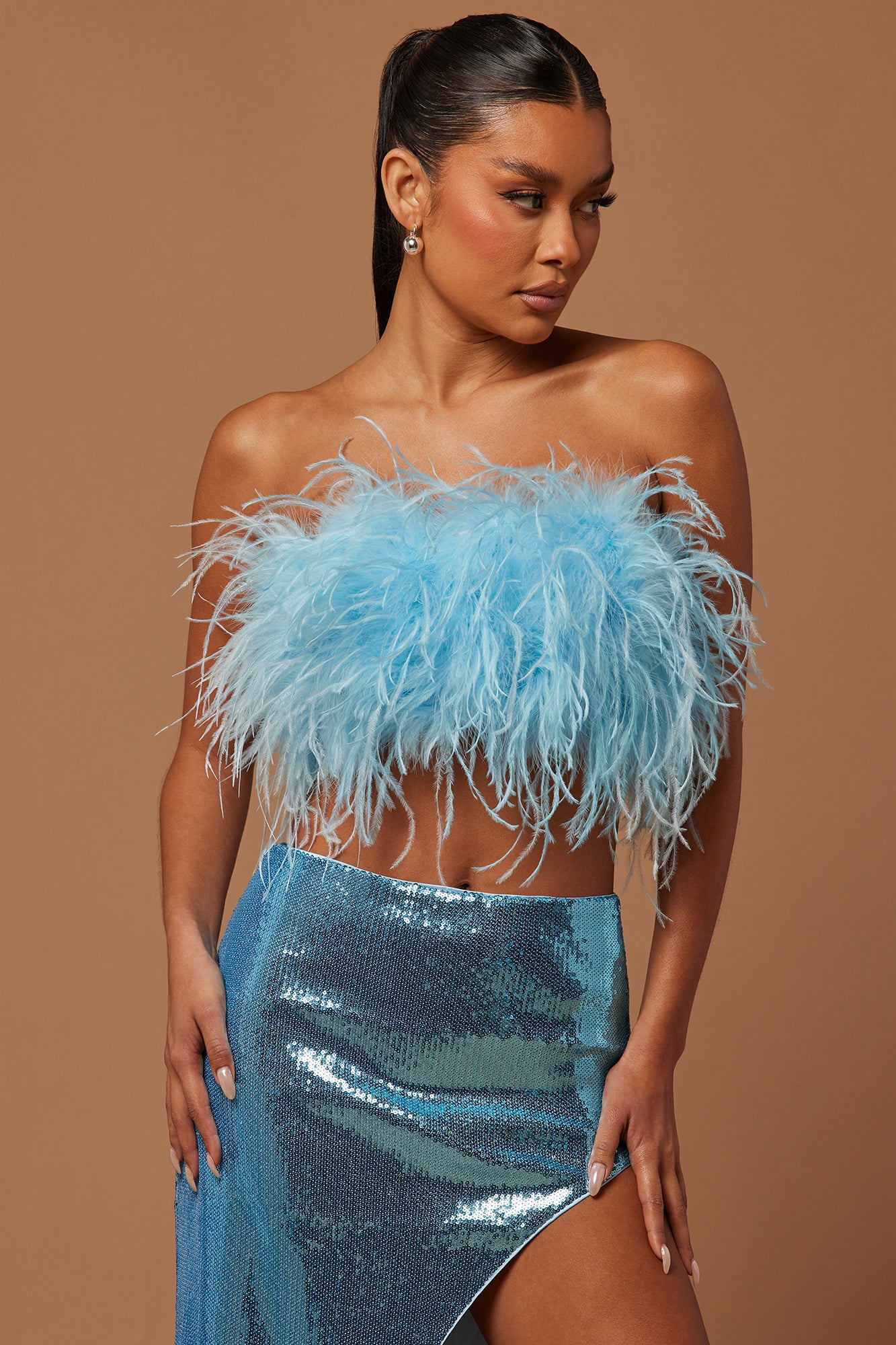 Fiona Feather Sequin Skirt Set - Light Blue