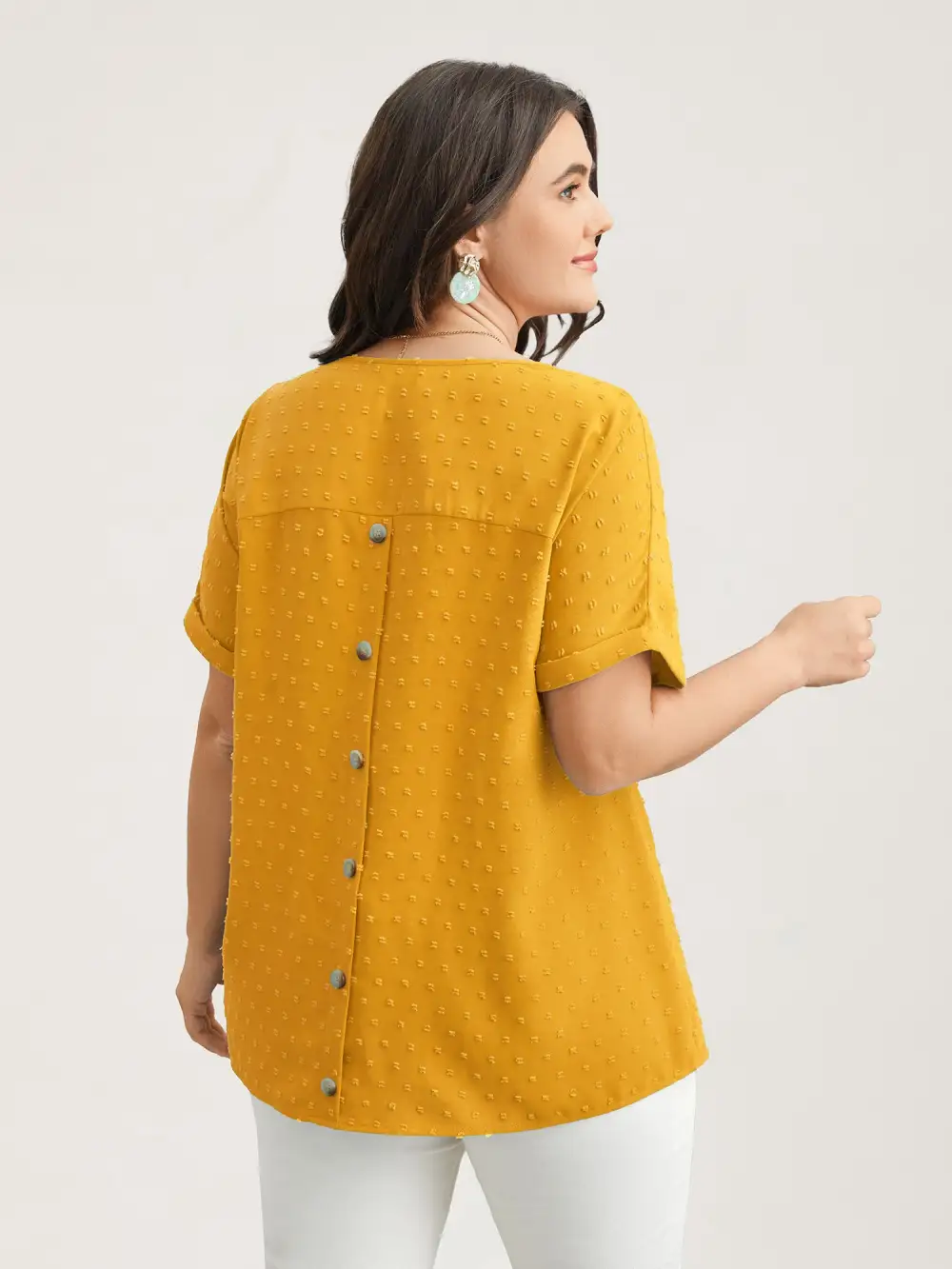 Back-Button Textured V-Neck Shirt