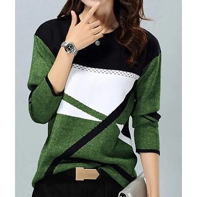 Women's Plus Size T shirt Tee Black Red Blue Color Block Print Long Sleeve Casual Weekend Basic Round Neck Regular Fit Painting Fall & Winter