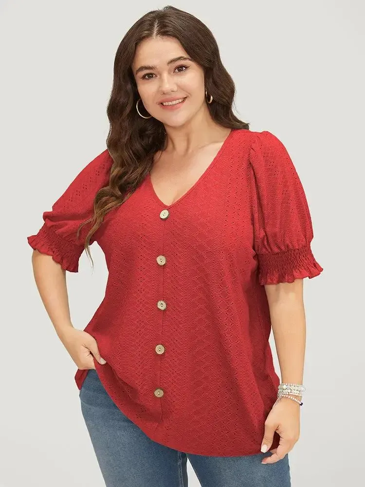 Plain Broderie Anglaise Shirred Puff Sleeve Button Detail T-shirt