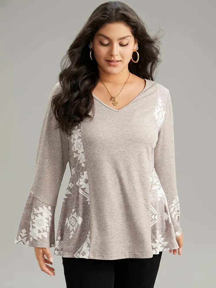 Floral Print Bell Sleeve V Neck T-Shirt