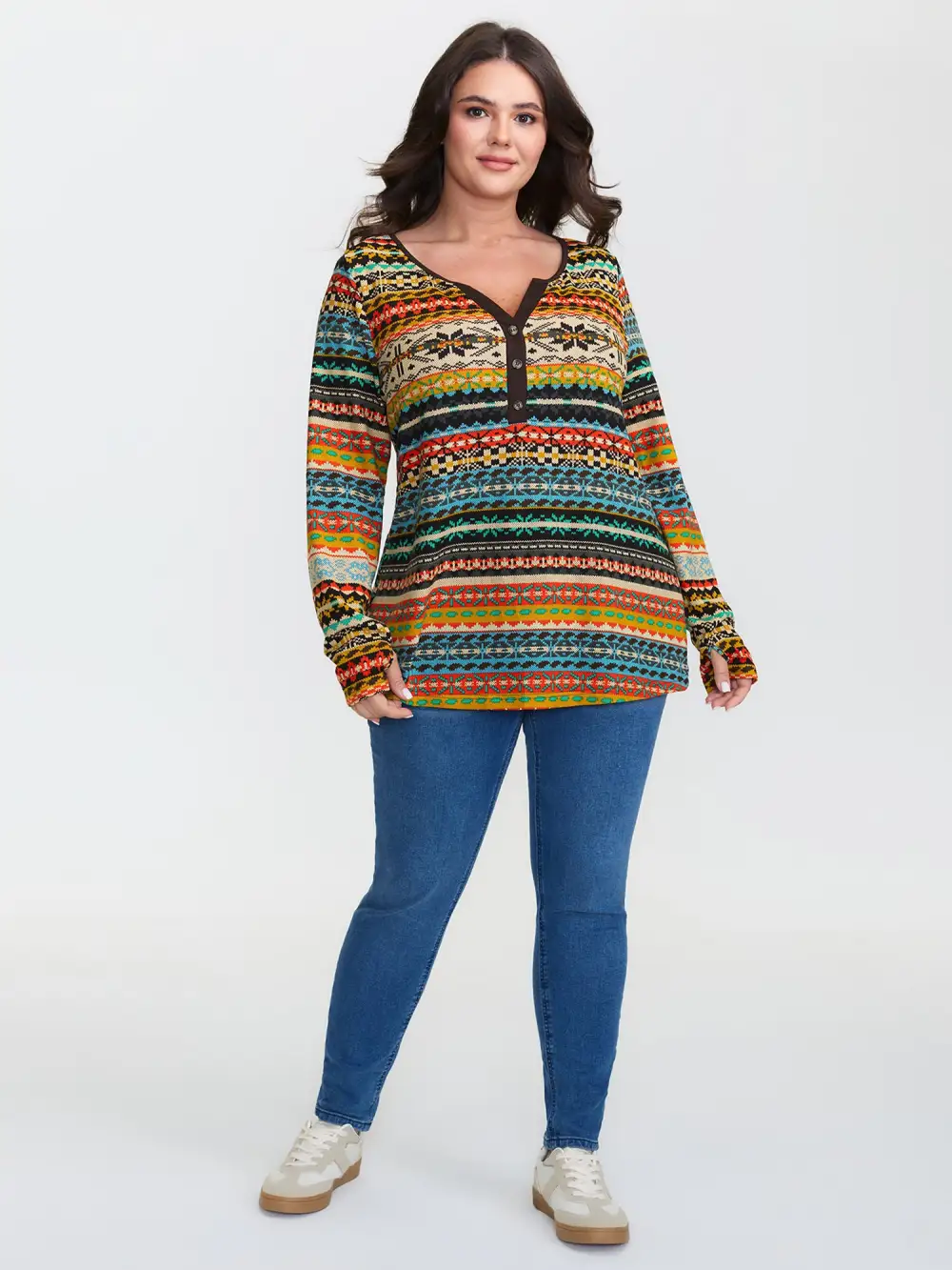 Colorful Stripe Button Placket T-Shirt