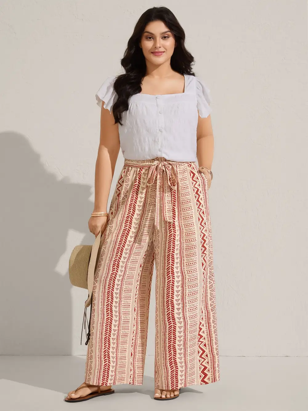 Waist-Tie Wide-Leg Boho Print Pants