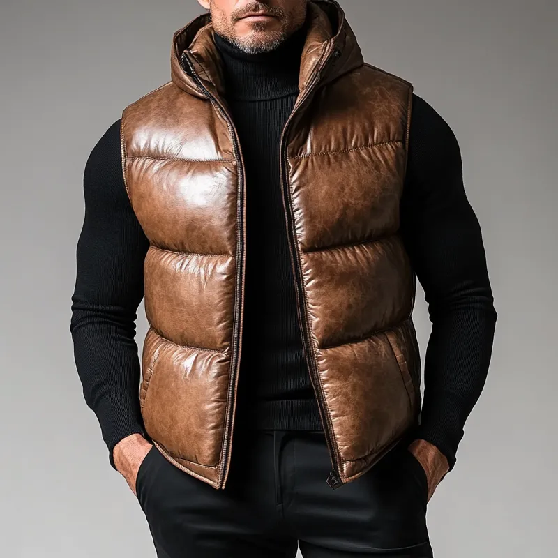 Men's Retro PU Leather Cotton-Padded Zipper Hooded Vest
