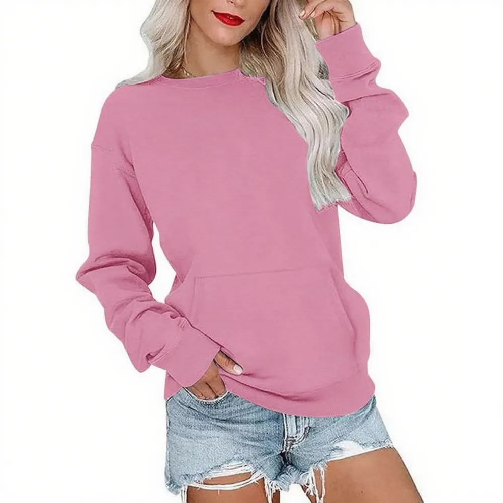 Women's Crewneck Hoodless Sweatshirt With Kangaroo Pocket Fleece Longsleeve Oversized Casual Style Shirt