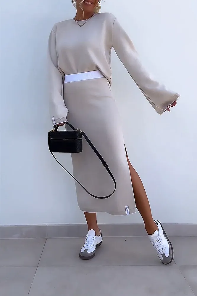 Women's solid color contrasting round neck top and skirt two-piece set