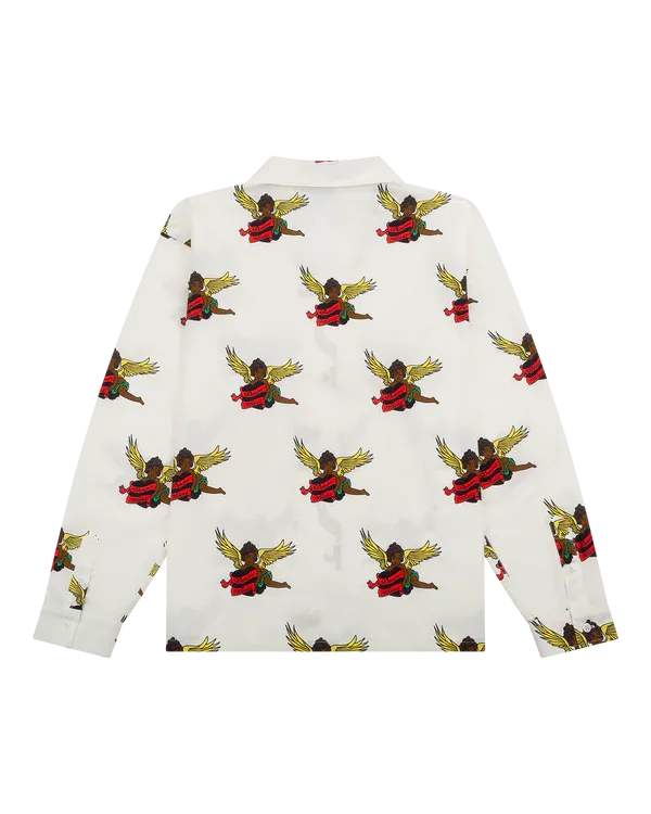 Black Cherub Long Sleeve Button Up White