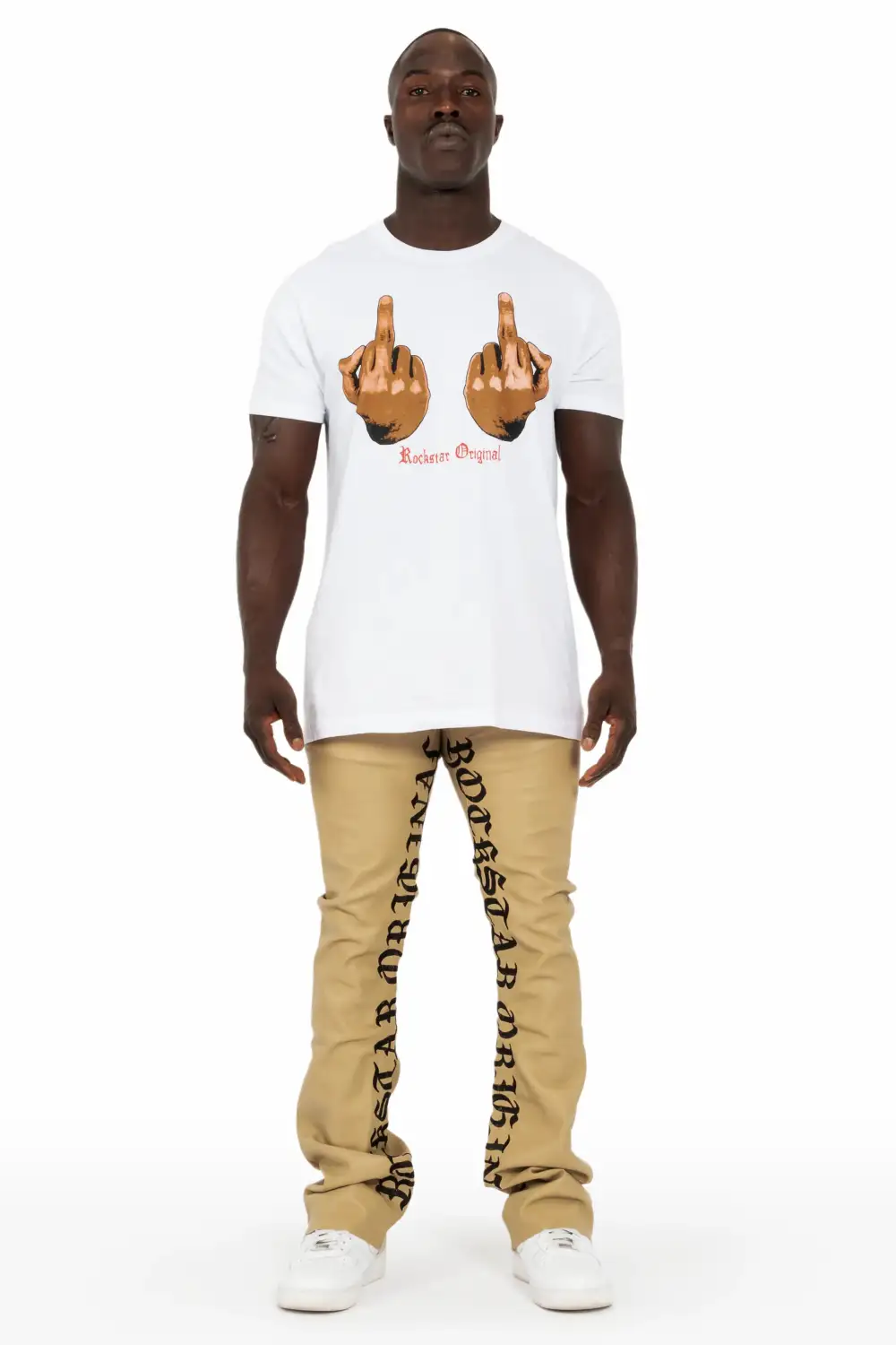 Eliam Beige/Black Faux Leather Stacked Flare Jean